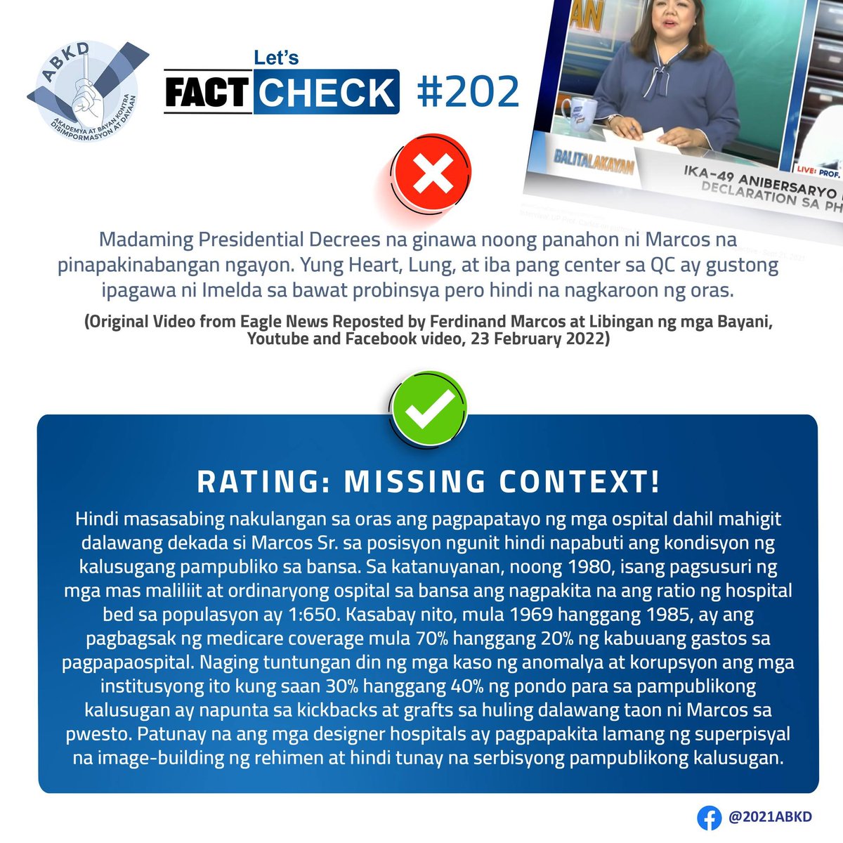 ABKD2021's tweet photo. LET'S FACT-CHECK! #202

Tama o Mali?

Maraming Presidential Decrees tungkol sa mga imprastruktura na ipinasa noong panahon ni Marcos na pinapakinabangan ngayon?

KAILANGAN NG KONTEKSTO! Alamin ang paliwanag sa kalakip na poster.

#FactsFirstPH
#SaysayNgKasaysayan https://t.co/YN6LIT7c4t