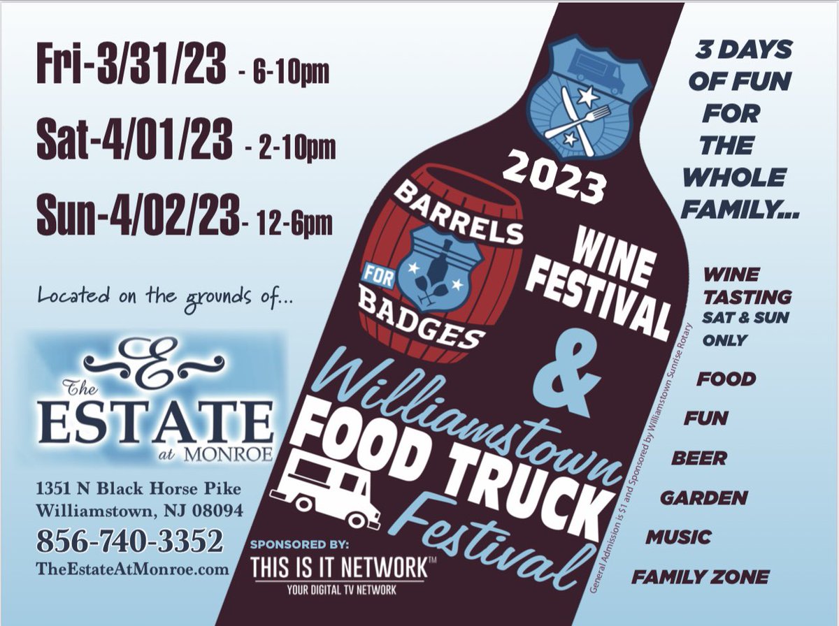 Mark your calendars…Tell a Friend. Barrels for Badges is back!!!All proceeds benefit Monroe Township Police and Williamstown Sunshine Rotary Foundation. #foodtruck #foodtrucks #winetasting #supporttheblue #rotary