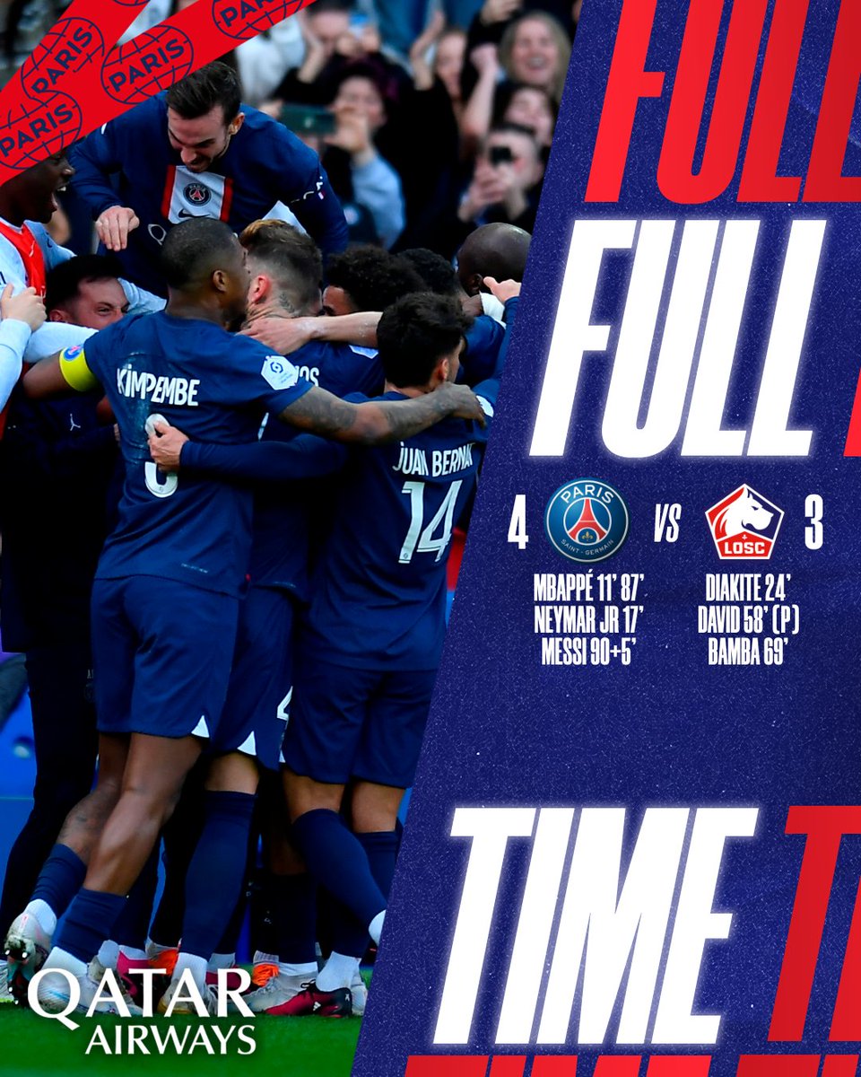 PSG_inside's tweet photo. ⌛️ 𝐕𝐈𝐂𝐓𝐎𝐈𝐑𝐄 ❤️💙

C'est fini ! Le Paris Saint-Germain s'impose 🆚 Lille ! 

⚽️⚽️ @KMbappe
⚽️ @neymarjr
⚽️ Leo Messi 

#PSGLOSC I 4-3 https://t.co/Rqc8kL9fZz