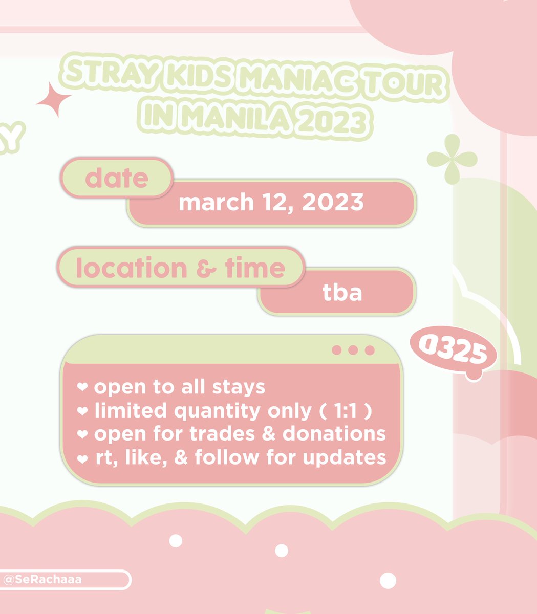 serachaaa's tweet photo. hello stays! 
i’ll be handing out ot8 banners on march 12, refer to the photos below for more details

   ✸ strictly 1:1
   ✸ open to all stays
   ✸ rt, like, and follow

see yah 😉

#SKZinManila2023 #SKZinMNL2023
#ManiacInManila #MANIAC_IN_MANILA https://t.co/29llyeHTeL