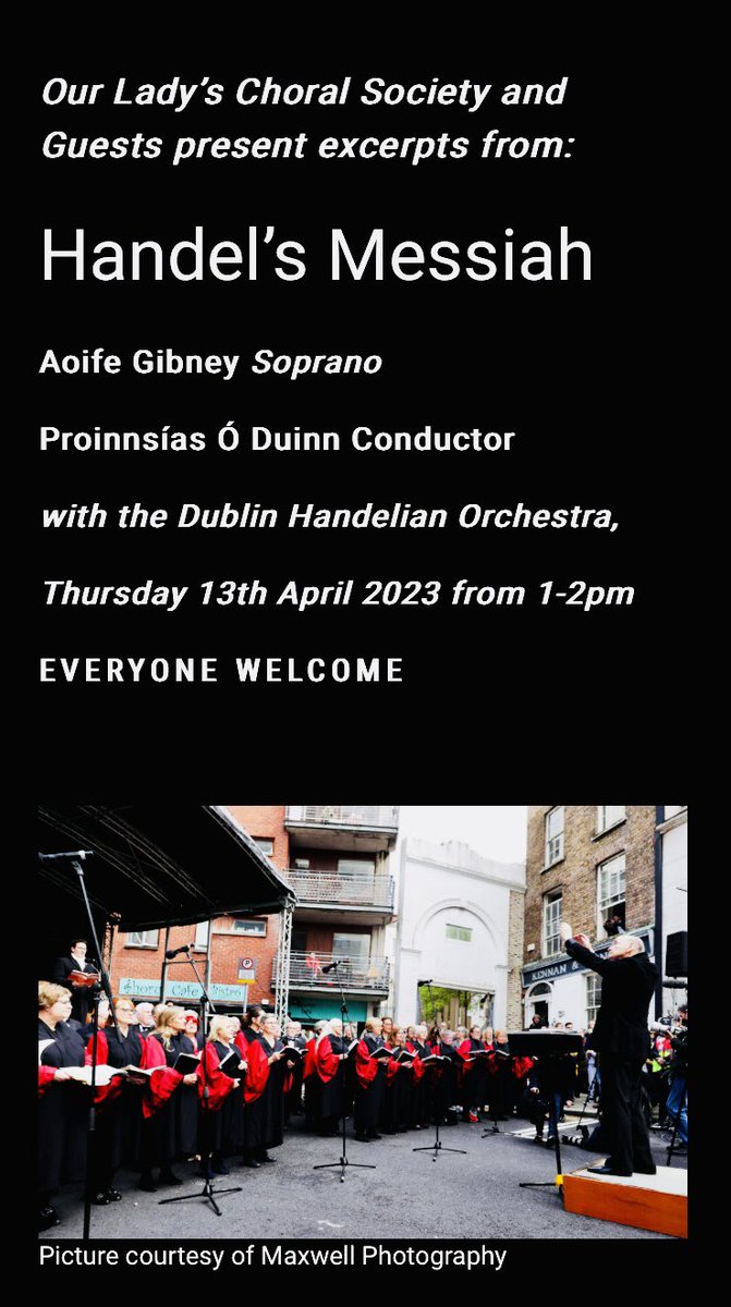 Our Ladys Choral (@olcs_ie) on Twitter photo Join us on April 13th for our annual performance of Handel’s Messiah! <a href="/aoifegibney/">Aoife Gibney</a> <a href="/rte_co/">RTÉConcertOrchestra</a> <a href="/DublinLive/">DublinLive</a> <a href="/DubCityCouncil/">Dublin City Council</a> <a href="/LordMayorDublin/">Lord Mayor of Dublin</a> <a href="/Sing_Ireland/">Sing Ireland</a> <a href="/dubhandelfest/">Dublin HandelFest</a> <a href="/DublinEventG/">Dublin Event Guide</a> <a href="/Goethe_Choir/">Goethe Choir</a> <a href="/DCChoralUnion/">Dublin City Choral Union</a> <a href="/dlchoralsociety/">Dun Laoghaire Choral Society</a> <a href="/braychoral/">Bray Choral Society</a> @IrishDrsChoir Join us on April 13th for our annual performance of Handel’s Messiah! <a href="/aoifegibney/">Aoife Gibney</a> <a href="/rte_co/">RTÉConcertOrchestra</a> <a href="/DublinLive/">DublinLive</a> <a href="/DubCityCouncil/">Dublin City Council</a> <a href="/LordMayorDublin/">Lord Mayor of Dublin</a> <a href="/Sing_Ireland/">Sing Ireland</a> <a href="/dubhandelfest/">Dublin HandelFest</a> <a href="/DublinEventG/">Dublin Event Guide</a> <a href="/Goethe_Choir/">Goethe Choir</a> <a href="/DCChoralUnion/">Dublin City Choral Union</a> <a href="/dlchoralsociety/">Dun Laoghaire Choral Society</a> <a href="/braychoral/">Bray Choral Society</a> @IrishDrsChoir