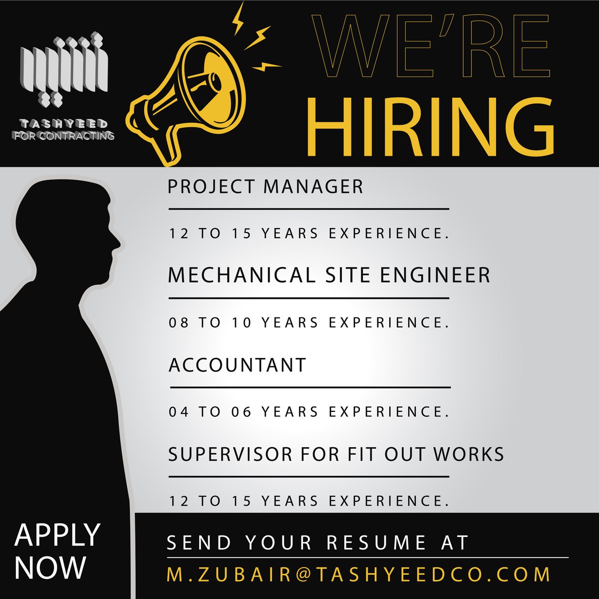 tashyeedco's tweet photo. We are hiring employees for our project
share your CV(m.zubair@tashyeedco.com)
Positions and experiences are given below
Project Manager12to15Years Experience
Mechanical Site Engineer8to10Years Experiences
Accountant4to 6Years Experiences
Supervisor for Fit out Works12to15Years https://t.co/uiUvnVLHpV