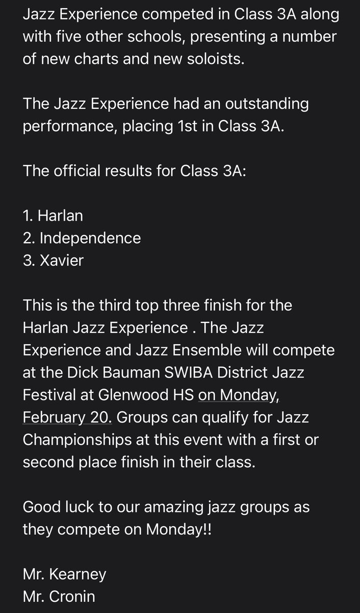 HCSDActivities's tweet image. Jazz notes from Mr. Cronin and Mr. Kearney. It was an awesome showing again for Harlan Jazz on Friday!
#CyclonePride 🌪
⁦@hcsdcyclones⁩ ⁦@HarlanBands⁩