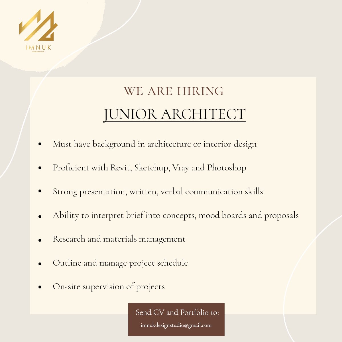 ImnukDesignSt's tweet photo. We are looking for talented people who are passionate about design. 

Applicant must have a passion for design and drawing, excellent communication skills with a solid understanding of drawings.

Send CV and Portfolio to imnukdesignstudio@gmail.com https://t.co/cvWAhMkLyl