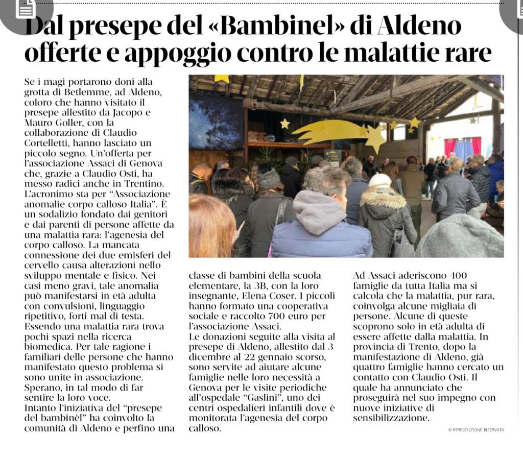 Grazie a Claudio Osti , il vulcanico nonno di Trento, ci è pervenuto un altro articolo sul presepe di Aldeno che ha raccolto offerte a favore della nostra associazione e ha contribuito a diffondere una maggiore consapevolezza sulle malformazioni del corpo calloso. Grazie ❤️