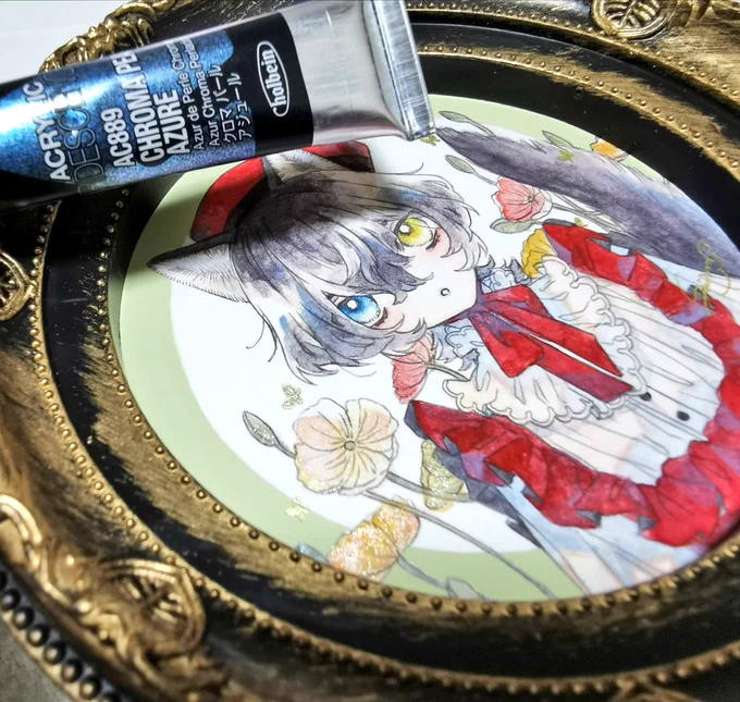 キラキラしてる部分は、ホルベインさんのクロマパールアジュール使いました写真で伝えるのは難しいんですが、傾けると青くキラキラして可愛いです 