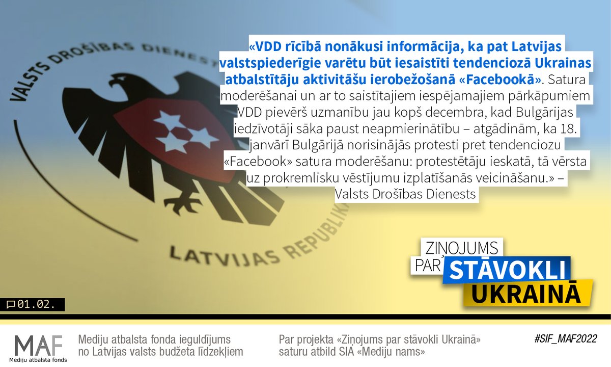 nralv's tweet photo. VDD rīcībā nonākusi informācija, ka pat Latvijas valstspiederīgie varētu būt iesaistīti tendenciozā Ukrainas atbalstītāju aktivitāšu ierobežošanā «Facebookā».
#SIF_MAF2022 https://t.co/ZOzXpfK4gc