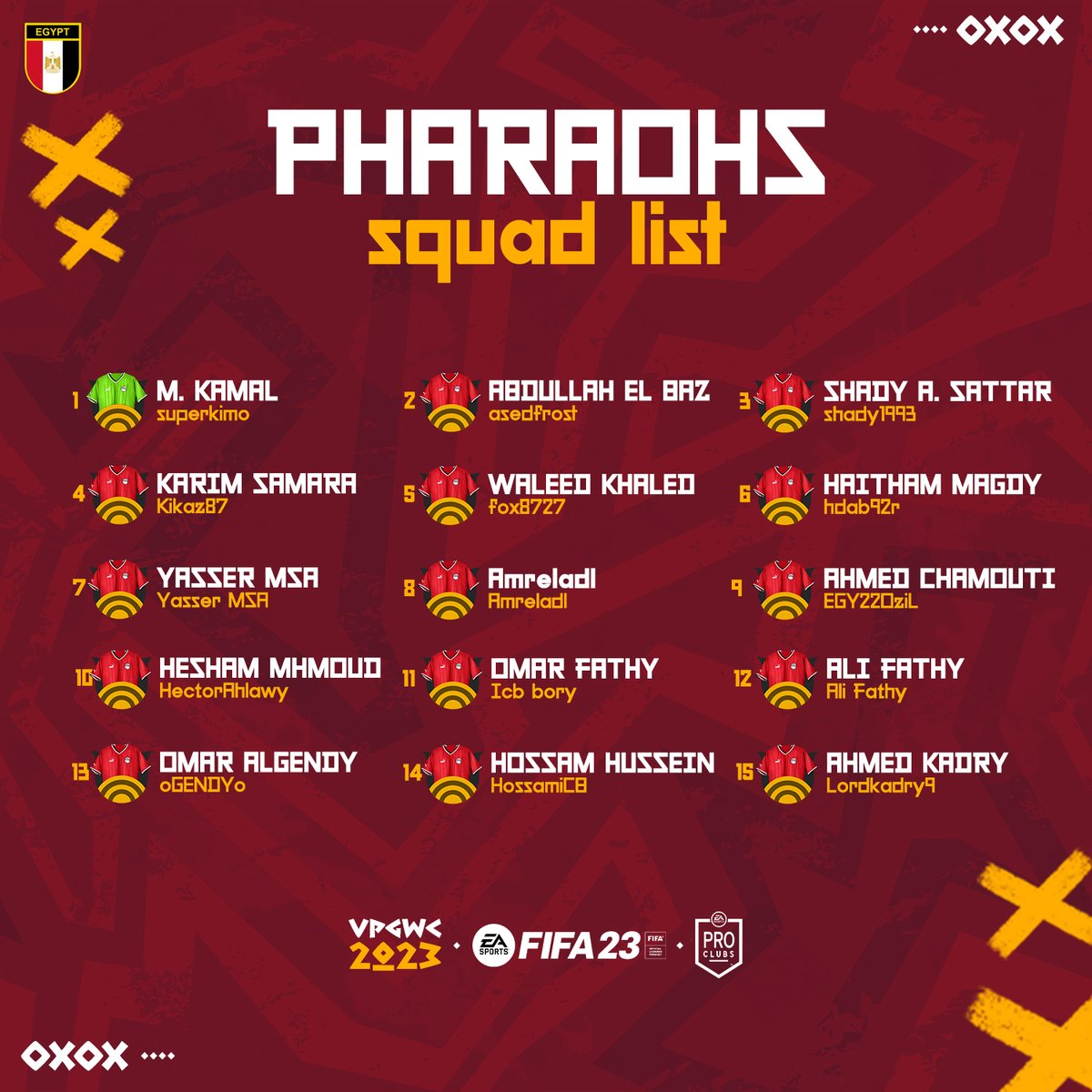 Our Squad List for tonight games for #vpg #xbox #worldcup #FIFA23  VS 🇩🇿🏴󠁧󠁢󠁥󠁮󠁧󠁿🇨🇿
قائمة لاعبينا لمباريات اليوم في كأس العالم VPG على منصة XBOX أمام انجلترا والتشيك والجزائر.
<a href="/OfficialVPG/">Virtual Pro Gaming</a>