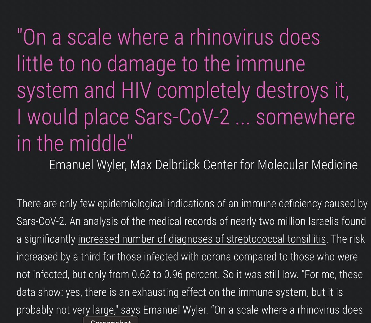 Great.
Fantastic.
We are infecting everyone repeatedly with a virus that is doing damage to the immune system about halfway between zero and complete destruction.
Hands up who would like a half destroyed or half functional immune system?
