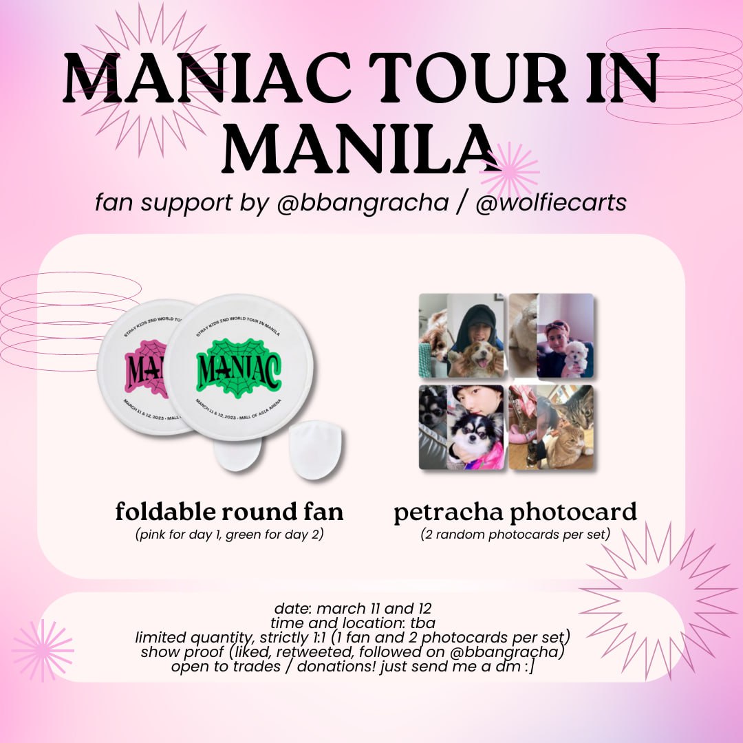bbangracha's tweet photo. PARA DI KAYO MAINITAN ON D-DAY! :3
— bbangracha / wolfiecarts fan support for maniac tour in manila

✴︎ details in photo
✴︎ limited quantity, strictly 1:1
✴︎ rt, like, and follow for updates

#MANIACinMANILA #SKZinMNL2023 #SKZinManila2023 https://t.co/GgRceMLmlN