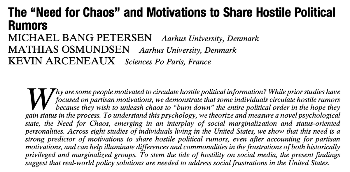 🚨OUT NOW🚨 'Some men just want to watch the world burn', said Alfred about the Joker. Do you feel this is true in politics too? In @apsrjournal, we provide evidence of a 'Need for Chaos' in the US electorate & dissect its causes & consequences: doi.org/10.1017/S00030… 🧵 1/17