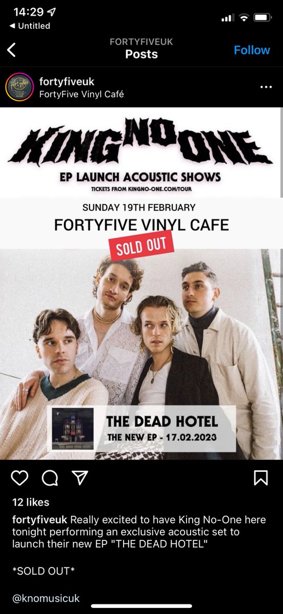 King No-One Updates (@knoupdates) on Twitter photo Today <a href="/KNOinnit/">𝐤𝐢𝐧𝐠𝐧𝐨-𝐨𝐧𝐞</a> are performing at <a href="/fortyfiveuk/">FortyFive Vinyl Café • York</a>, York! This is the second of 2 acoustic shows to launch their new EP ‘The Dead Hotel’!
Doors: 6pm
🚨 SOLD OUT 🚨 Today <a href="/KNOinnit/">𝐤𝐢𝐧𝐠𝐧𝐨-𝐨𝐧𝐞</a> are performing at <a href="/fortyfiveuk/">FortyFive Vinyl Café • York</a>, York! This is the second of 2 acoustic shows to launch their new EP ‘The Dead Hotel’!
Doors: 6pm
🚨 SOLD OUT 🚨