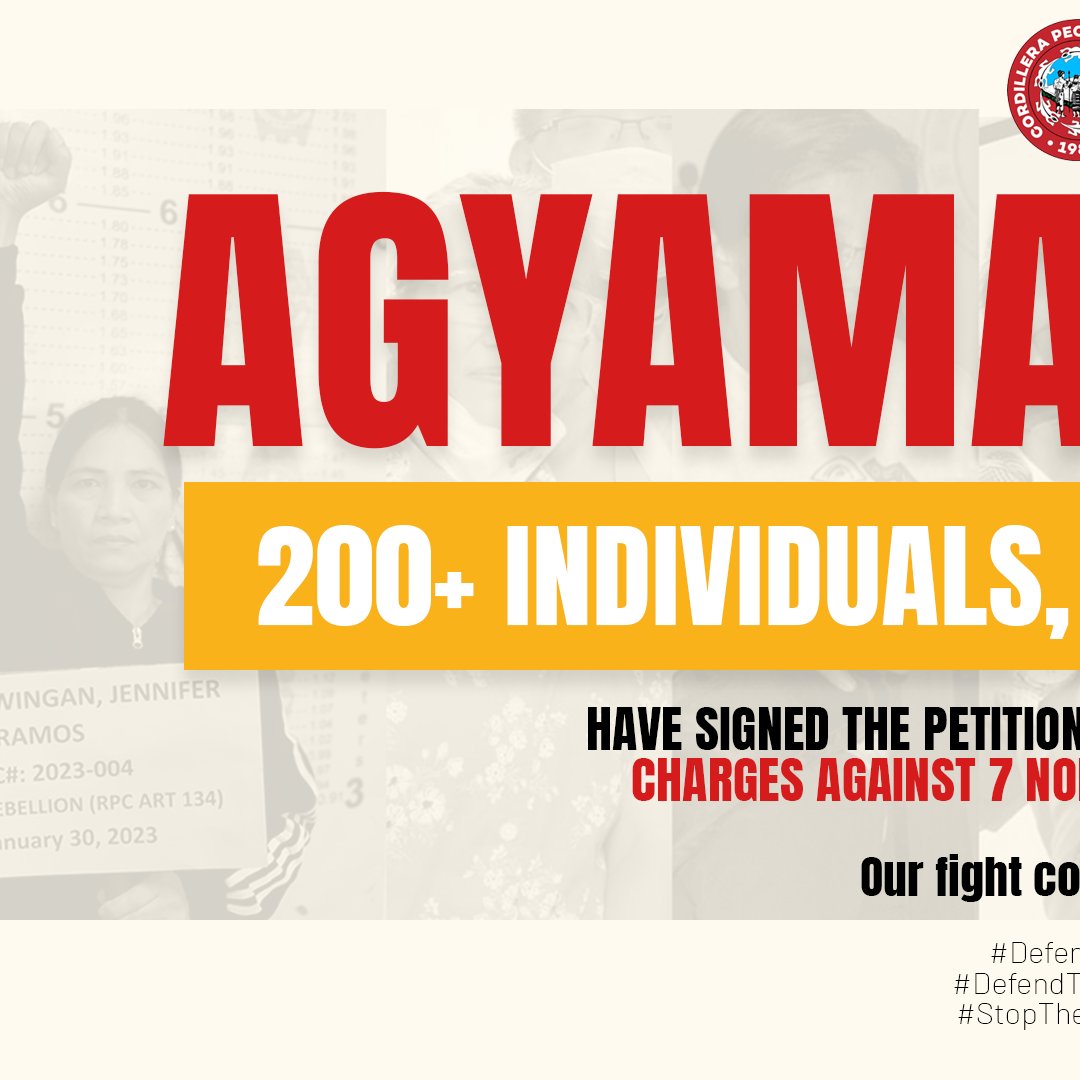CPA_Cordillera's tweet photo. AGYAMAN KAMI!
200+ Individuals and 54 organizations have signed the petition to drop the trumped-up charges against the Northern Luzon 7!
#DefendNL7
#DefendTheNorth
#StopTheAttacks https://t.co/QbX31wgeV7