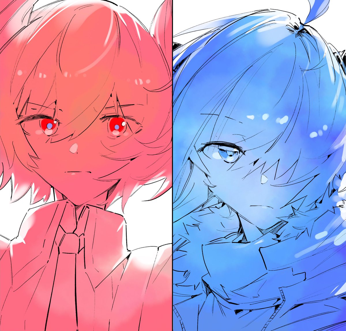 mostima (arknights) multiple girls 2girls necktie red eyes hair over one eye horns white background  illustration images