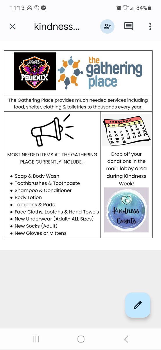 MAaronPower's tweet photo. It's kindness week at Paradise Intermediate! As a part of our kindness to community theme, we'll be collecting for the gathering place. Please donate if you can. See poster for details. @ParadiseInterm1 @pcurranguidance @mrs_watton @LisaFancey @Grade5Woolgar @ssnow50 @shazfaz6 https://t.co/WTXBReg1fI