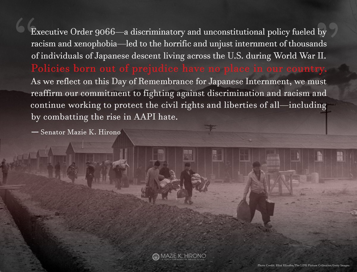 maziehirono's tweet photo. The unconstitutional internment of people of Japanese descent during WWII is a dark stain on our nation's history that we must not forget.

On this #DayOfRemembrance, let’s continue to fight against all forms of discrimination and racism and stand up for the civil rights of all. https://t.co/1WfkjxMAG1