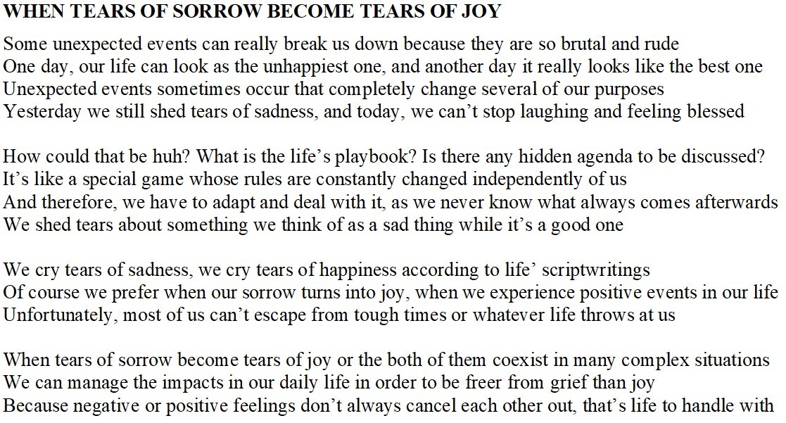 scribaland's tweet photo. #Scribaland WHEN TEARS OF SORROW BECOME TEARS OF JOY Who sows in tears reaps shouts of joy! Really?#become #tears #sorrow #joy #haiku #connaissance #consonne #consonnes #conte #conter #contes #conteur #conteurs #conteuse #conteuses #cours #creation #creations #createur #createurs https://t.co/1ceJEEn6My