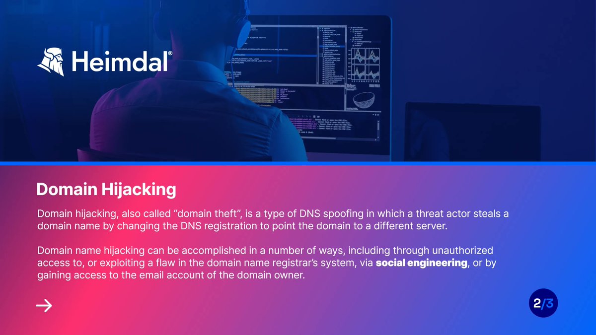 HeimdalSecurity's tweet photo. #domainhijacking and #dnspoisoning are two methods used by threat actors to perform a #dnsspoofing attack and redirect traffic toward malicious websites. Read more about the differences and similarities between the two!

https://t.co/a6gQ8pHi2H https://t.co/1xowl7kJKa