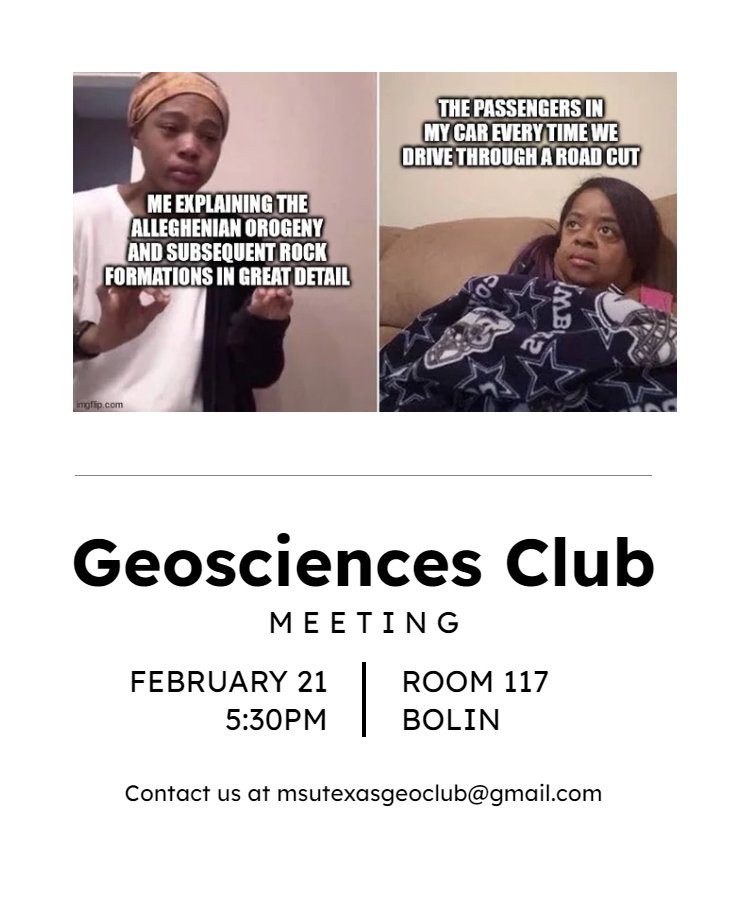 MSUTexasGeoClub's tweet photo. We are having a meeting on the 21st at 5:30pm. We will discuss the field trip and the rock sale. See you then! https://t.co/BleTSpRruN