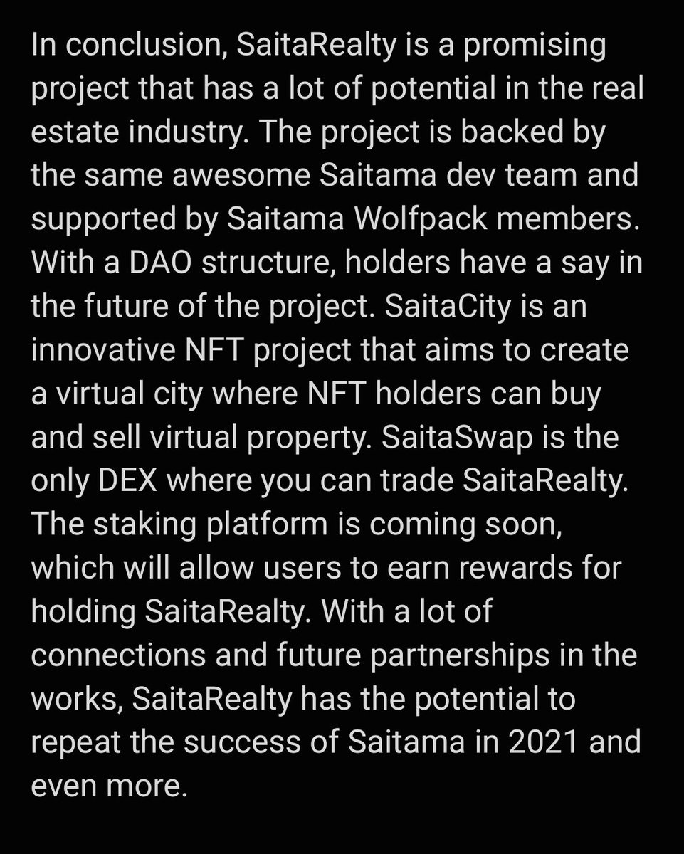 Degens Anatomy (@degensanatomy) on Twitter photo #Cryptocurrency #SaitaRealty is a new project that has captured the attention of many investors in the real estate industry. Backed by the same awesome #Saitama dev team and supported by Saitama #Wolfpack ... read more π <a href="/SaitaRealty/">Wolf Kingdom</a> <a href="/WeAreSaitama/">Wearesaitama</a> #SaitaPro #crypto #eth #btc #Cryptocurrency #SaitaRealty is a new project that has captured the attention of many investors in the real estate industry. Backed by the same awesome #Saitama dev team and supported by Saitama #Wolfpack ... read more π <a href="/SaitaRealty/">Wolf Kingdom</a> <a href="/WeAreSaitama/">Wearesaitama</a> #SaitaPro #crypto #eth #btc