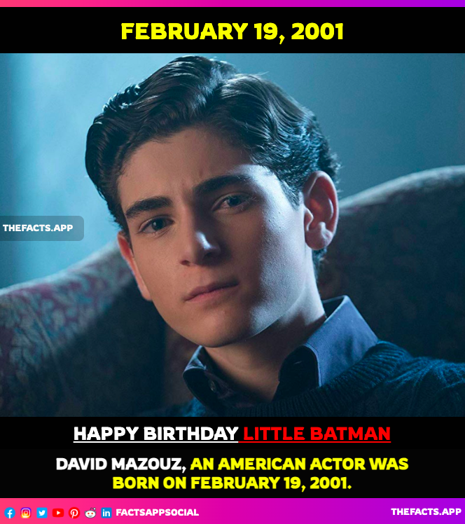factsappsocial's tweet photo. #OnThisDay #DidYouKnow #DavidMazouz (@realdavidmazouz), American actor was born on February 19, 2001. Got famous for the leading role as Bruce Wayne in Fox's Batman-prequel TV drama #Gotham, and also in movies #TheGamesMaker and #TheDarkness.
https://t.co/G2GQyIdmeO https://t.co/T5SLONaxrs