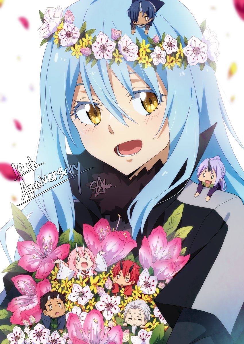 rimuru tempest blue hair long hair open mouth yellow eyes flower smile 1other  illustration images