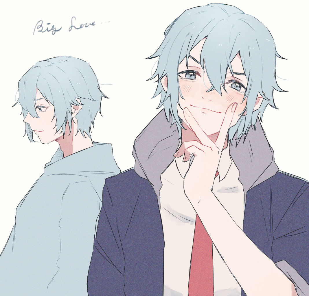 male focus blue hair 1boy hood necktie hoodie v  illustration images