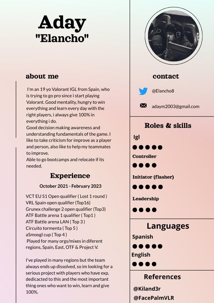 LF a long-term project to participate in any VRC/VCL
-T2 exp
- 3years exp as an igl
- Exp with t1 &amp; t2 coaches
-vlr.gg/player/21625/e…
-❤️&amp;♻️ are highly appreciated
- Dm more details