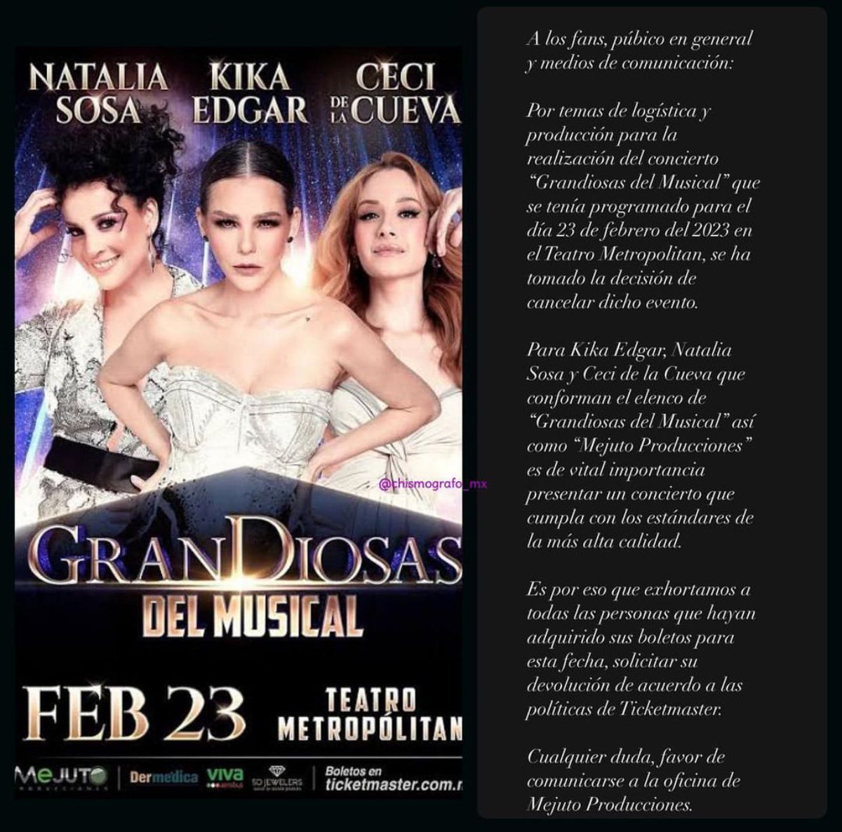 SubFrida's tweet photo. #UltimoMonento/ El productor #HugoMejuto da a conocer, mediante un comunicado, la #Cancelación del #Concierto #GranDiosasDelMusical en el #TeatroMetropólitan. Los motivos fueron inconvenientes de logística y producción. @hugomejuto @TMetropolitanMx
#Prensa #Teatro #GranDiosas https://t.co/iPnfkQezCL