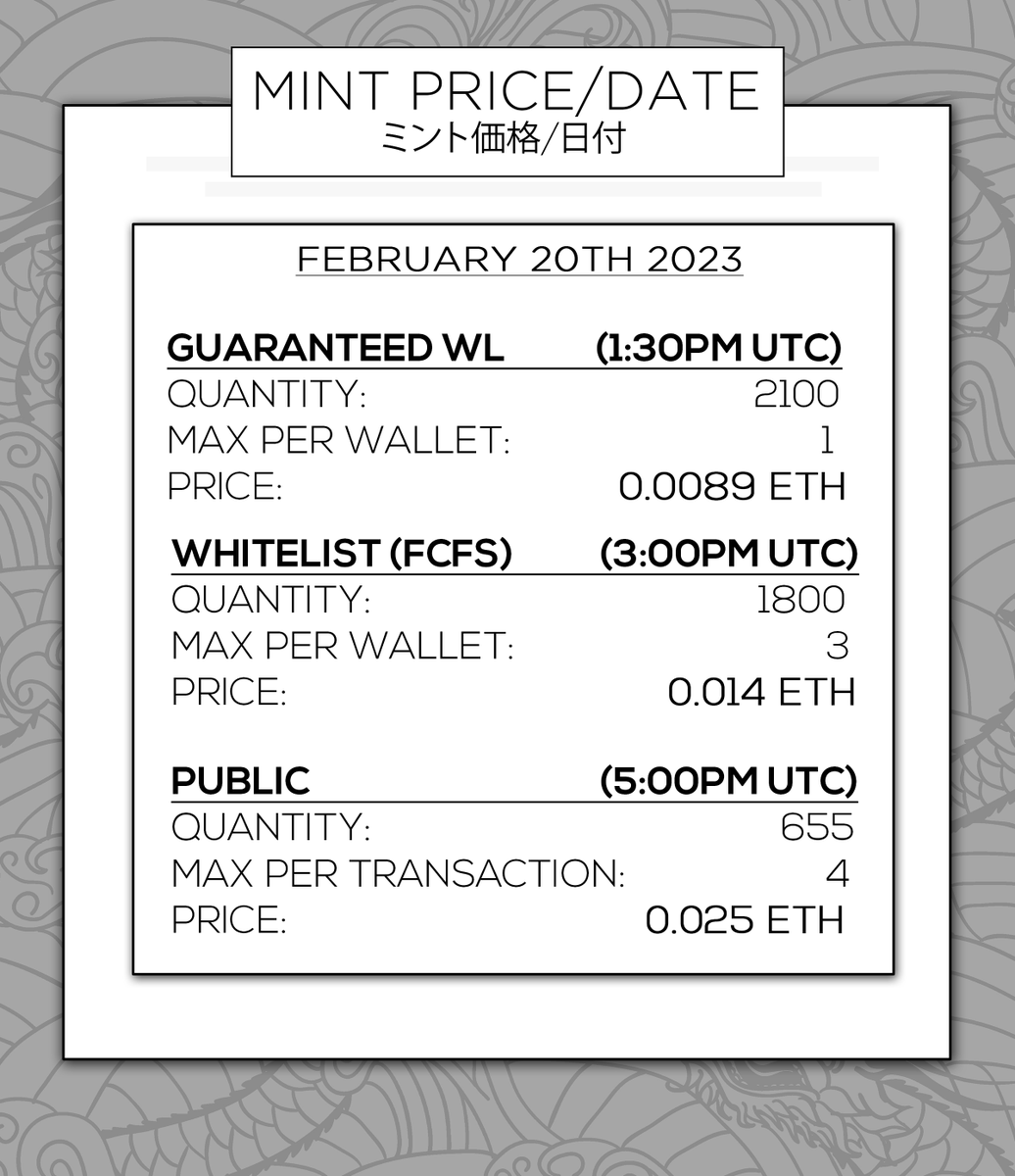 ⛩️ Official Mint Schedule ⛩️

February 20th 2023 (1:30pm UTC)

🉐Phase 1: Guaranteed WL
🉐Phase 2: Whitelist/AL 
🉐Phase 3: Public 
🉐Phase 4: Mint Pass Airdrop