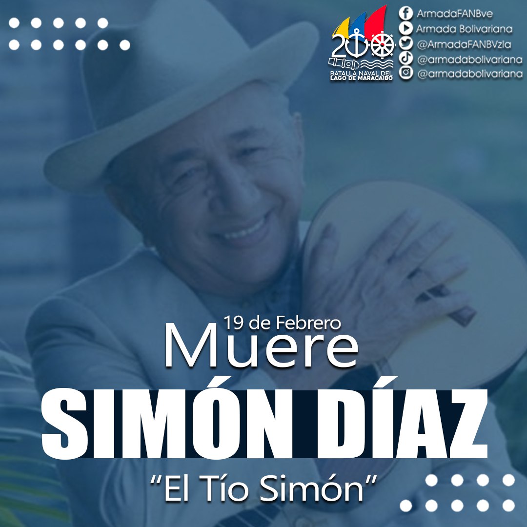🗓️Hoy #19Febrero recordamos a Simón Díaz, uno de los pilares e insignes cantautores de nuestra música criolla, quien con su talento trascendió las fronteras hacia otras latitudes del mundo, enalteciendo el Folklore Nacional. 
Hoy rendimos homenaje a nuestro Tío Simón ‼️
