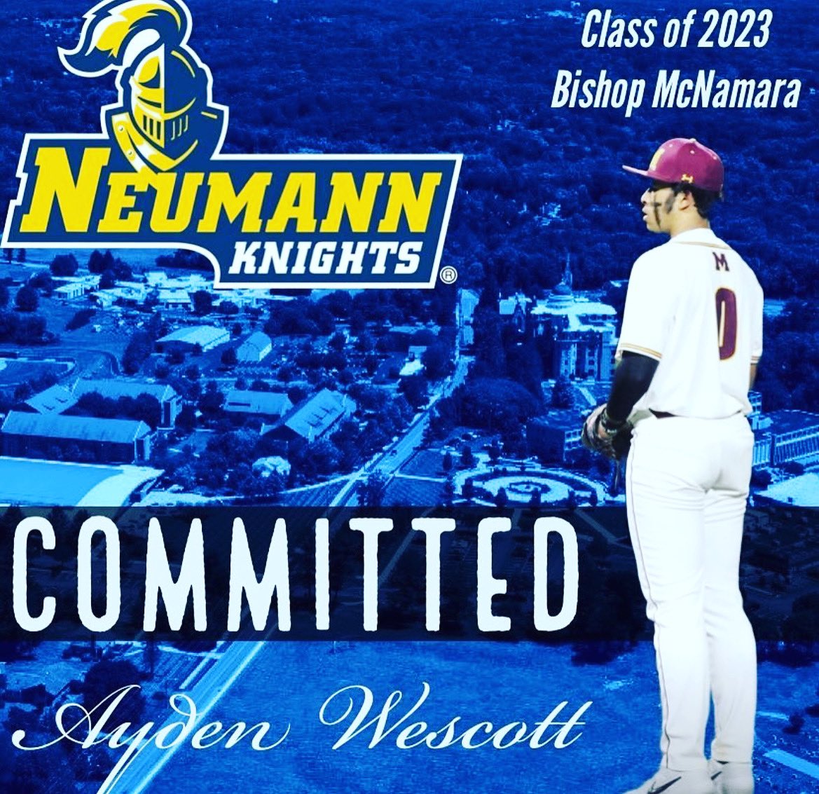 BaseballMmu's tweet photo. Big congrats to ‘23 RHP Ayden Wescott @ayden_wescott from @BMHS_Baseball on his commitment to Neumann University! Ayden had an outstanding season for our ‘23 program last summer leading our squad in wins &amp; IP. @coachlowry301 @NeumannBB @stinger_brand 👏 https://t.co/YdqBJcOyLw