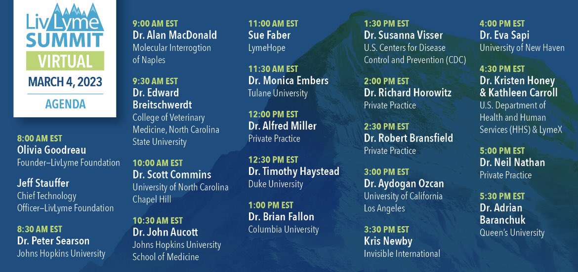 The 2023 speakers list for the LivLyme Summit. Register today for FREE at livlymefoundation.org. 💚