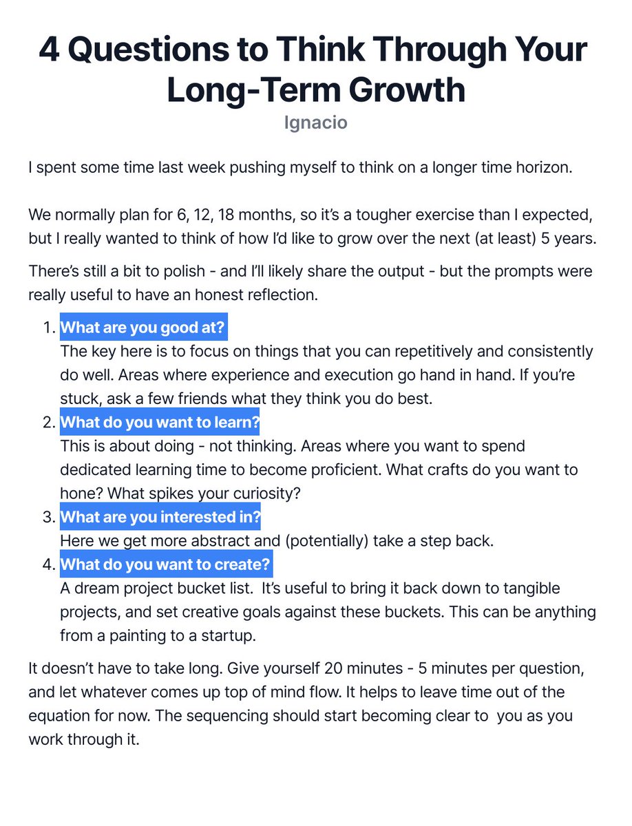 IgnacioSemerene's tweet photo. 4 questions + 20 mins to get you thinking about how you want to grow over the next decade. https://t.co/E5KfCy9udS