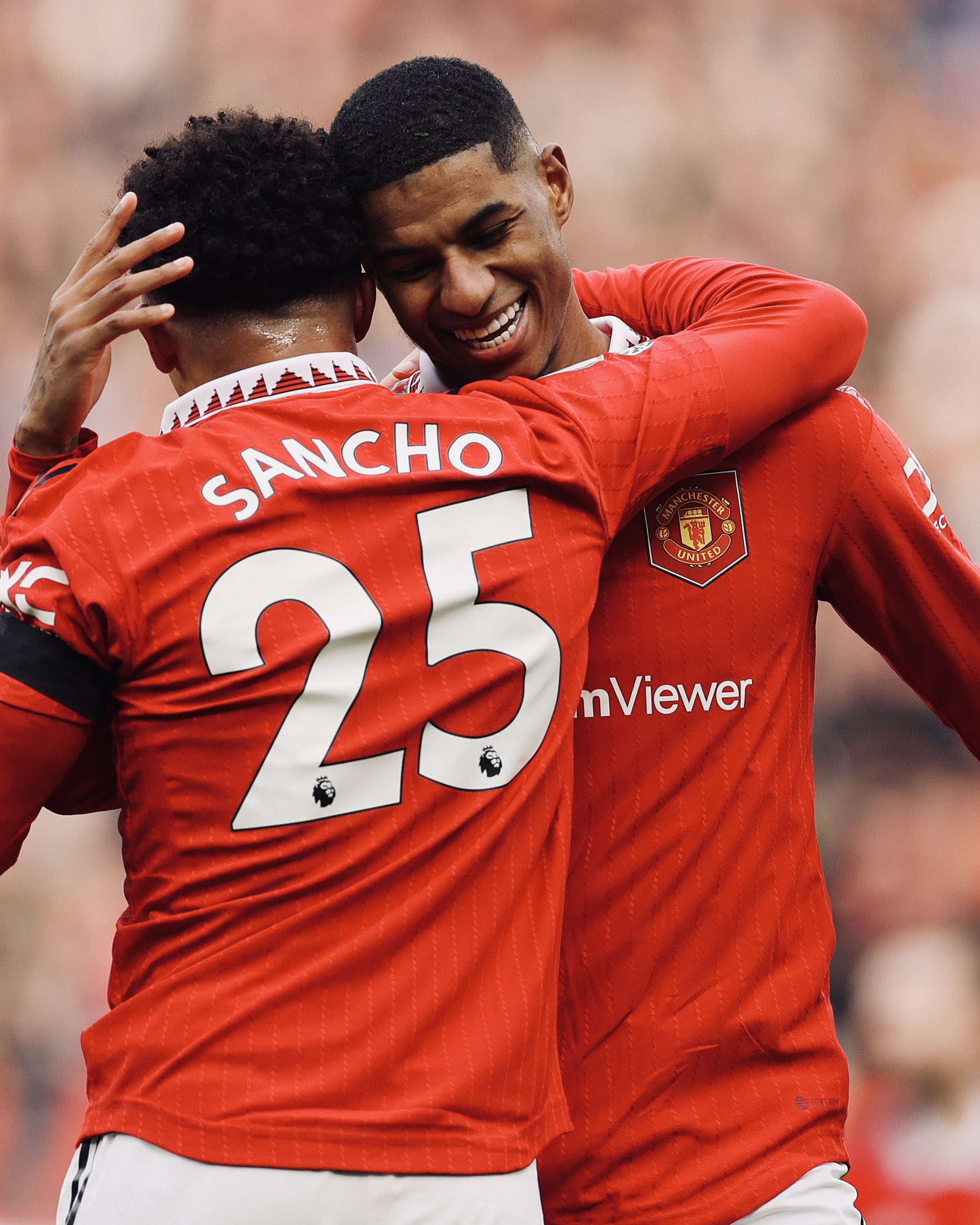 Jadon Sancho and Marcus Rashford embrace after scoring for United against Leicester.