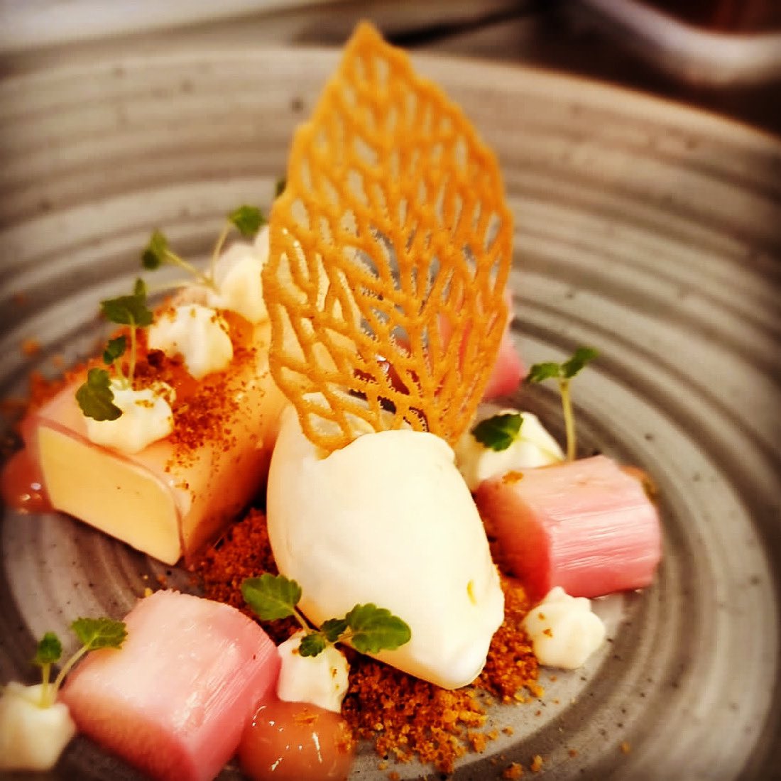 New tasting menu dessert of poached rhubarb, vanilla pannacotta, ginger ice cream #purslanerestaurant #edinburgh #stockbridge #rhubarb