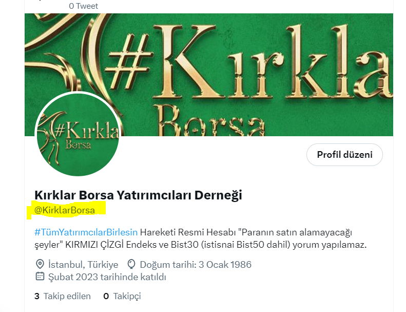 RT.
Arkadaşlar, #TumYatırımcılarBirlesin Hareketi olarak ilk adımımızı attık. ve Kurumsal Resmi hesabımızı açtık

Bizler günlük çok mesaj atabiliriz ancak resmi hesap sadece Hareketin kurulması, büyümesi ve önemli olan mesajları yazar veya rt eder

@KirklarBorsa yı takip edelim