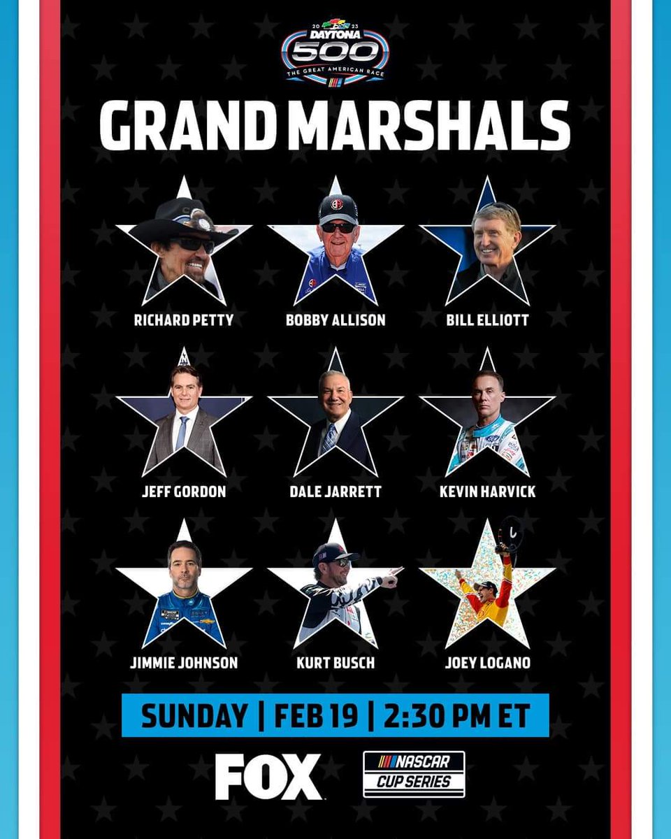 StockCarFacts's tweet photo. Bobby Allison
@KurtBusch
@BillElliott9
@JeffGordonWeb
@KevinHarvick
@JimmieJohnson
@DaleJarrett
@joeylogano 
@therichardpetty 
What an amazing list of people to be Grand Marshall for this year's @DAYTONA 500! 

#SCTTV
#SuperCarsTodayTV https://t.co/dGNofv43Ox
