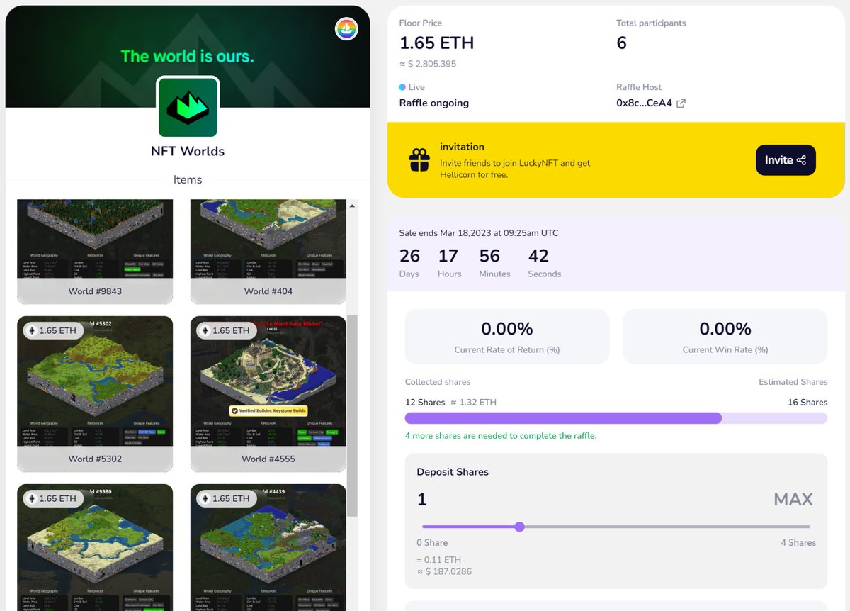 LuckyNFT_VIP's tweet image. 🍀How about @nftworldsNFT? Excited to see someone is launching the #LuckyRaffle of NFT Worlds! 

Join #LuckyNFT for a truly unique and exciting experience: luckynft.vip/detail/2860665…

Can’t wait to see which lucky participants will win the NFT Worlds!

#LuckyNFT #NFTGiveaway