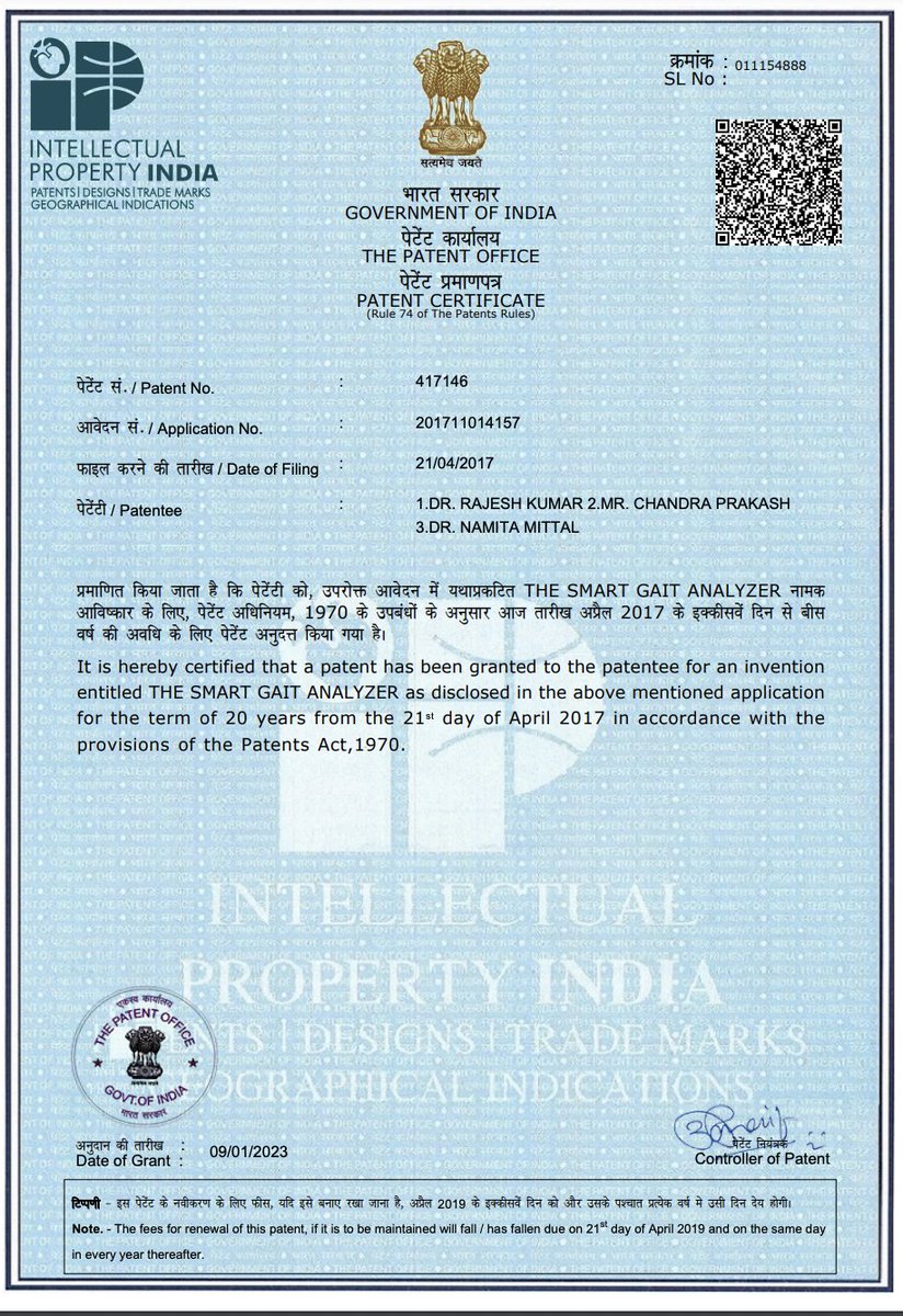 Chandr_Prakash's tweet photo. Happy to share that our first patent "The smart gait analyzer"
has been granted a patent by Indian Patent Office(IPO). #NITdelhi #cse #MNIT #patent @Dr_R_Kumar @NITDofficial https://t.co/P09YlEGtxY