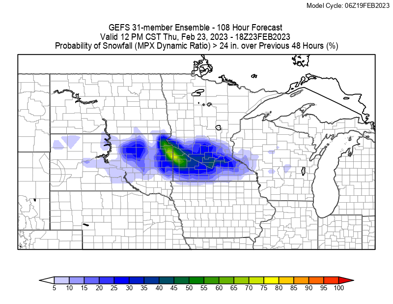 To say some of these probabilities are wild would be an understatement. The 6Z GEFS has 90%+ probabilities of 18” of snow mid-week. This is going to be a complicated multi-phase system so stay current on the forecast, it will change, it’s supposed to! #mnwx #sdwx #wiwx