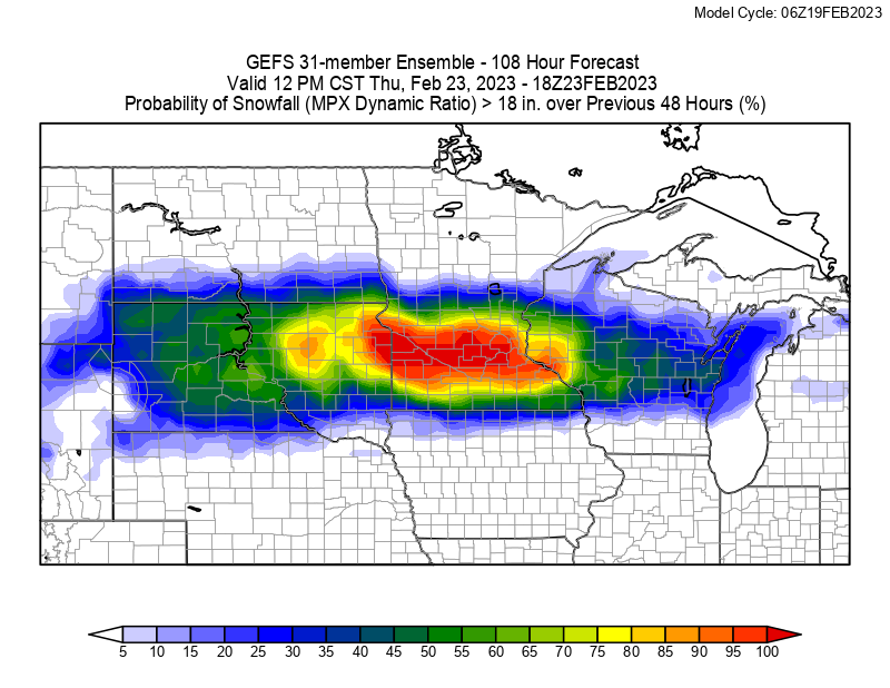 HopWRF's tweet photo. To say some of these probabilities are wild would be an understatement. The 6Z GEFS has 90%+ probabilities of 18” of snow mid-week. This is going to be a complicated multi-phase system so stay current on the forecast, it will change, it’s supposed to! #mnwx #sdwx #wiwx https://t.co/oiHkzuekga