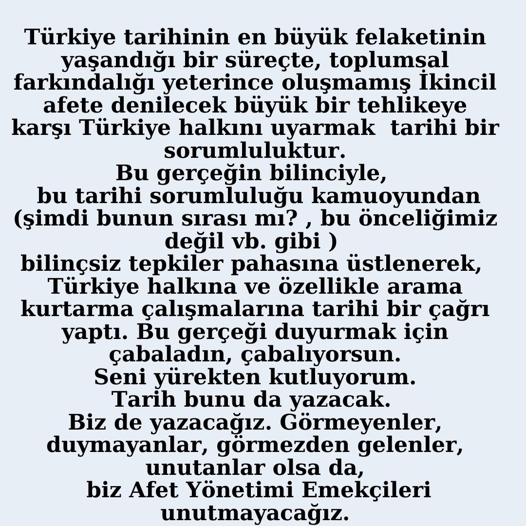 AFET YÖNETİMİ EMEKÇİLERİNİN 
BU GÜZEL MESAJLARINI TÜM MÜCADELE ARKADAŞLARIM ADINA KABUL EDİYORUM TEŞEKKÜRLER KAHRAMAN İNSANLAR
🙏💙
#deprem #Afet