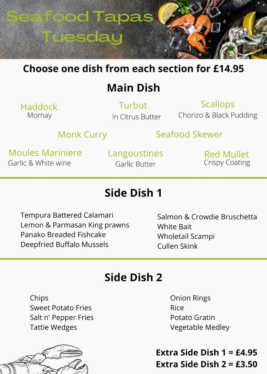 Seafood Tapas Tuesday £14.95 per person ! Book your table now on 01346512212