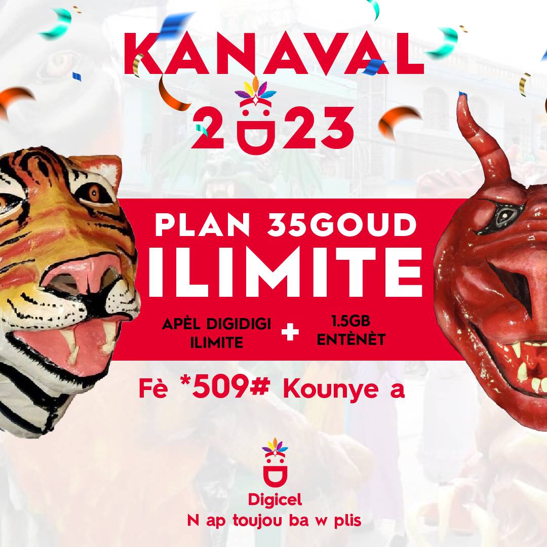 DigicelHT's tweet photo. Kanaval la bèl,li bèl,li bèl…li Cho! 3 JOU GRA= 3JOU *ILIMITE* ak Digicel,ak 35 GOUD sèlman pandan 1 jou wap ka fè tout sa w vle sou pi gwo rezo peyi a. APÈL DIGIDIGI ILIMITE + 1.5GB ENTÈNÈT* Konpoze *509# SEND pou w aktive plan pa w la kounya! #NapToujouBawPLIS #Knaval #ILIMITE https://t.co/BqlA4KLbT0