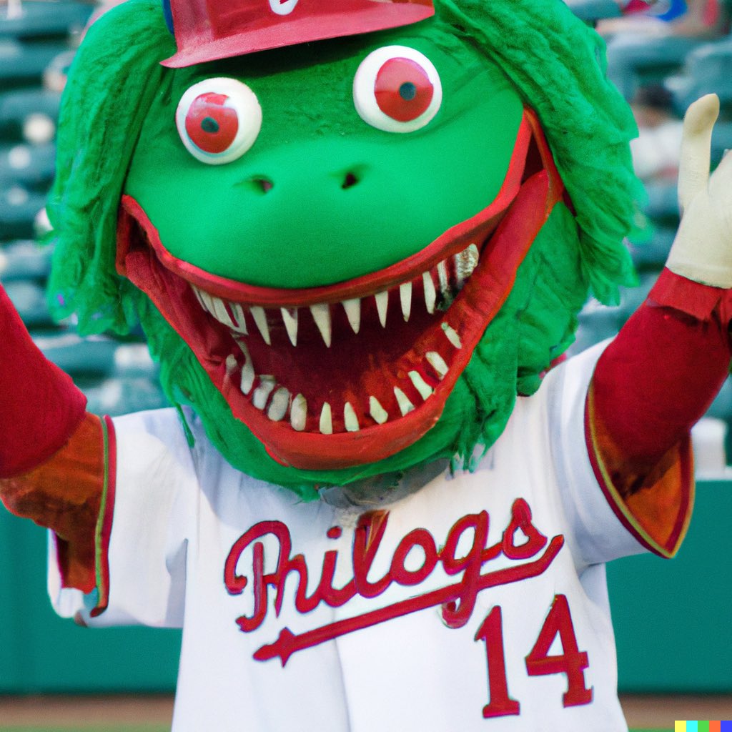 2008Philz's tweet image. Tried to use AI to generate photos of the Phillie Phanatic. Results were terrifying.