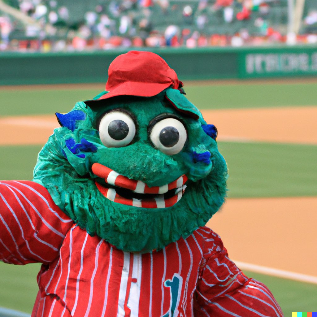 2008Philz's tweet image. Tried to use AI to generate photos of the Phillie Phanatic. Results were terrifying.