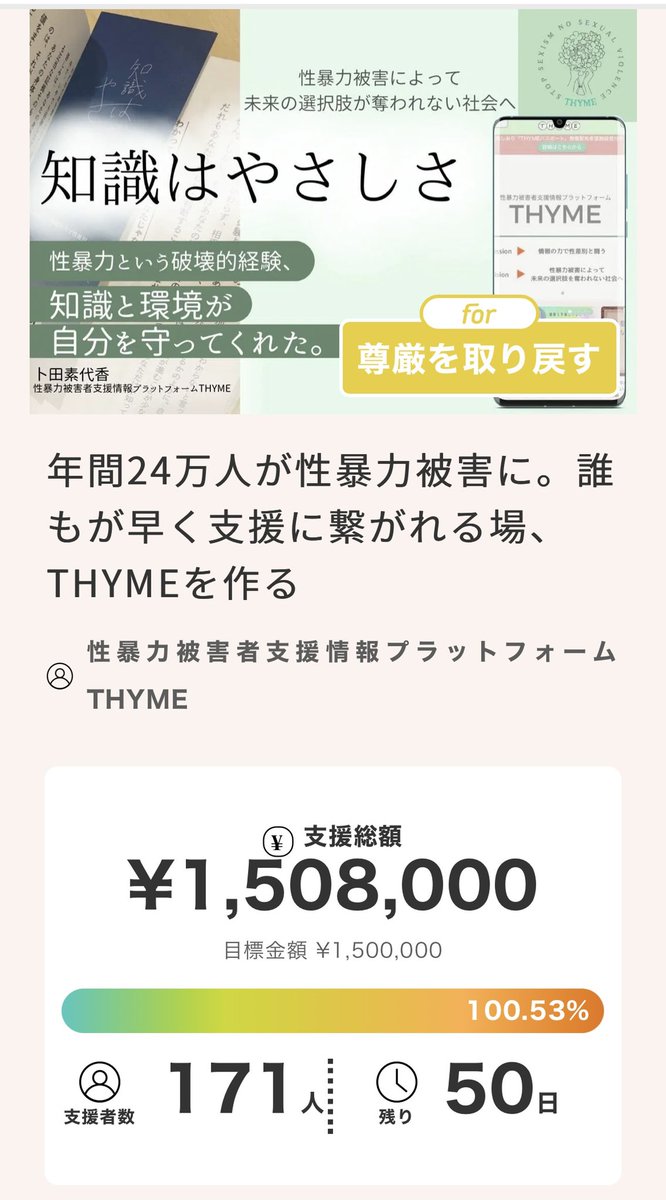 THYME_for_us's tweet photo. 先ほどご支援額が1stステップの150万円を超えました！
沢山の方のご支援、情報シェアに心から感謝いたします。
https://t.co/AhrQM4pHpM

最終目標額は470万円。ここからも引き続き発信を続けていきます。
よろしくお願いします。

#性暴力を許さない #知識はやさしさ https://t.co/hSiXR4Onek