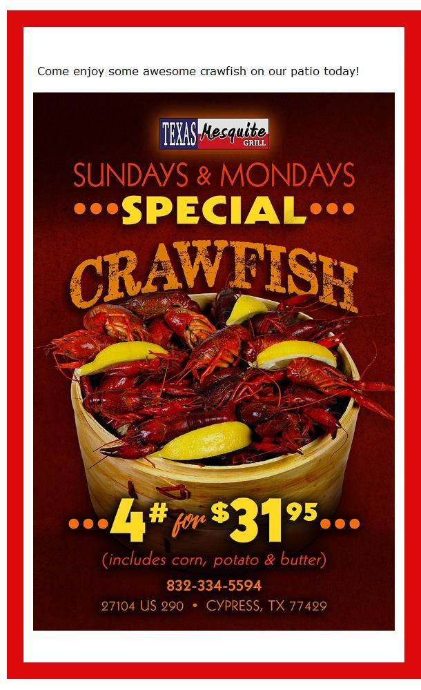 Sunday and Monday Crawfish Special bit.ly/3XY3FQ5
