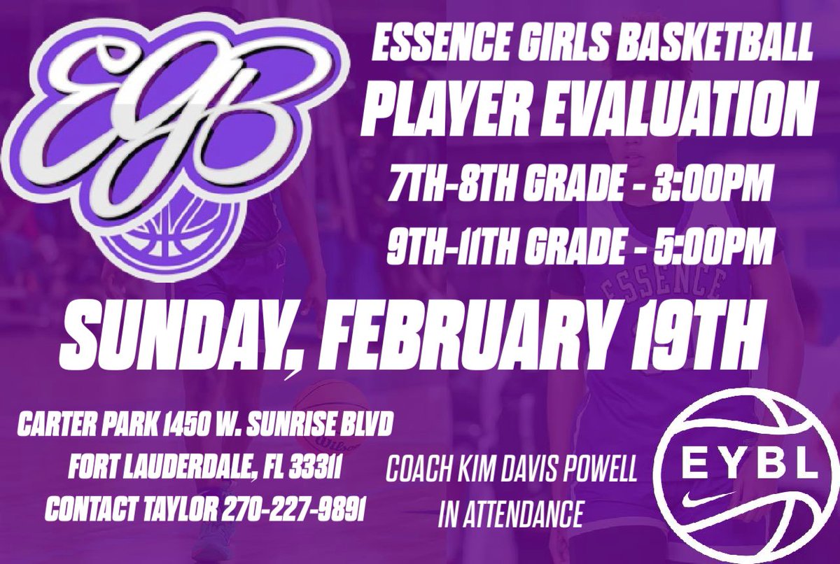 🏀🚨 TODAY IS THE DAY🚨🏀

@EssenceGirlsBB South Florida Player Evaluation 

⛹️‍♀️: 7th-8th Grade - 3:00PM
⛹️‍♀️: 9th-11th Grade - 5:00PM

🏟️: Carter Park
       1450 W. Sunrise Blvd.
📍: Fort Lauderdale, Florida 33311

See you there‼️

#PaintTheSouthPurple | #NikeEYBL
